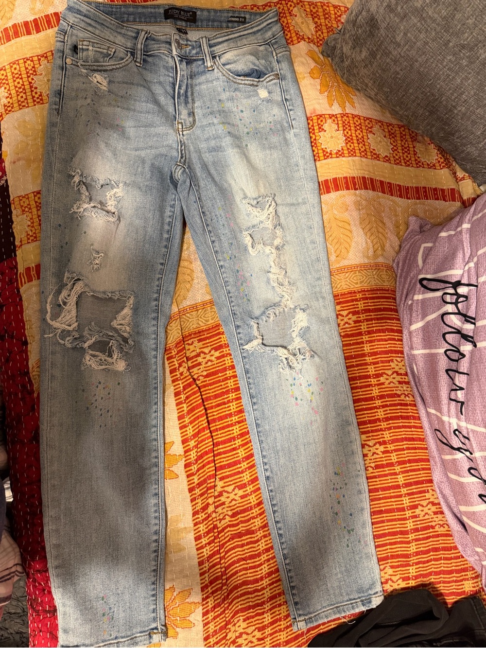 Judy blue light Wash Distressed Women’s Jeans - paint splattered